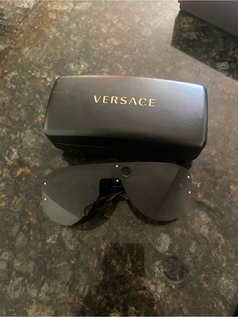Versace Black Shield Sunglasses with Gold Accent Dots and Case